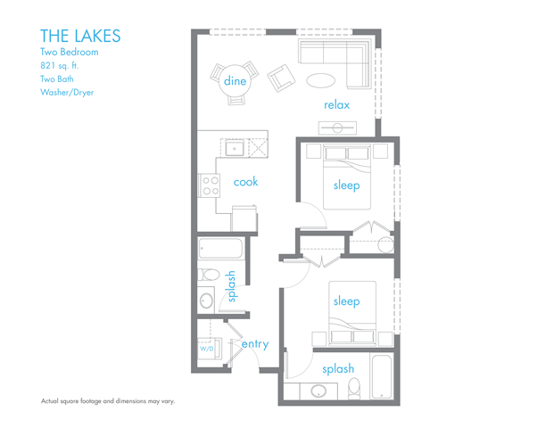 Floor plan for 2 beds, 2 baths, 821 sqft